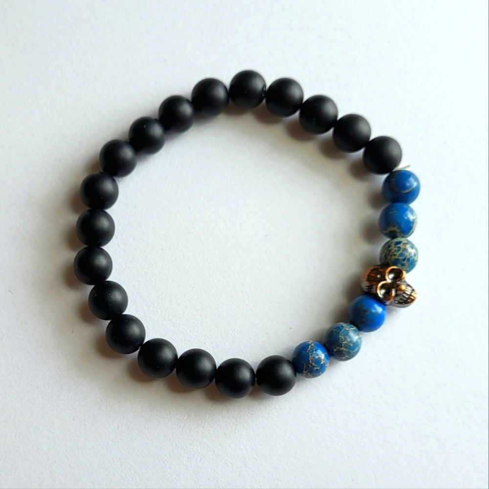 blue sea sediment jasper & matte onyx stretch bracelet